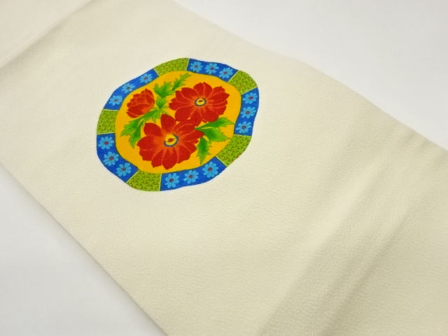 縮緬地手描き丸に花模様名古屋帯